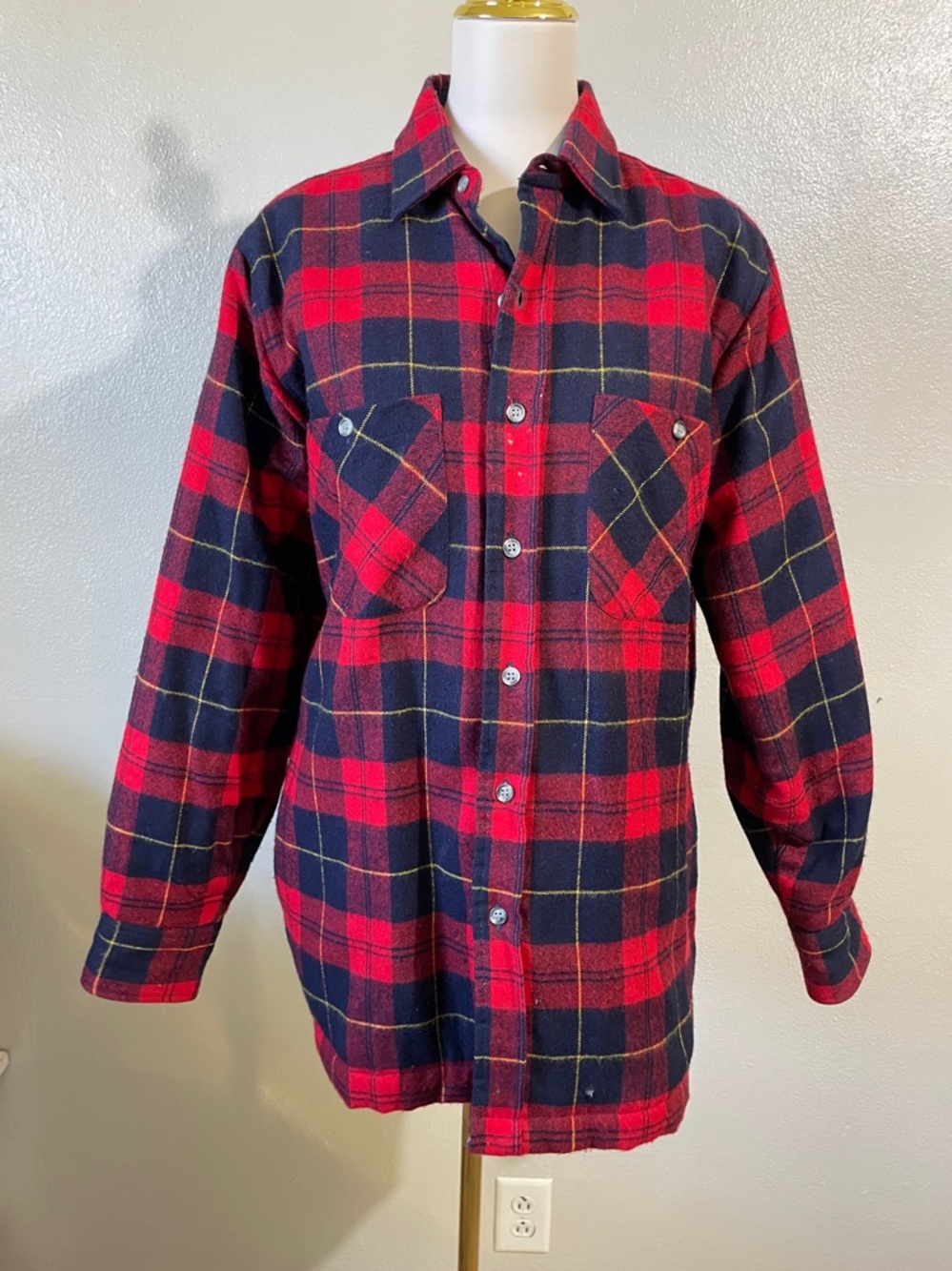 Arrow Sports Plaid Wool Blend Layering Shirt Jacket Medium Red Blue Lined Button